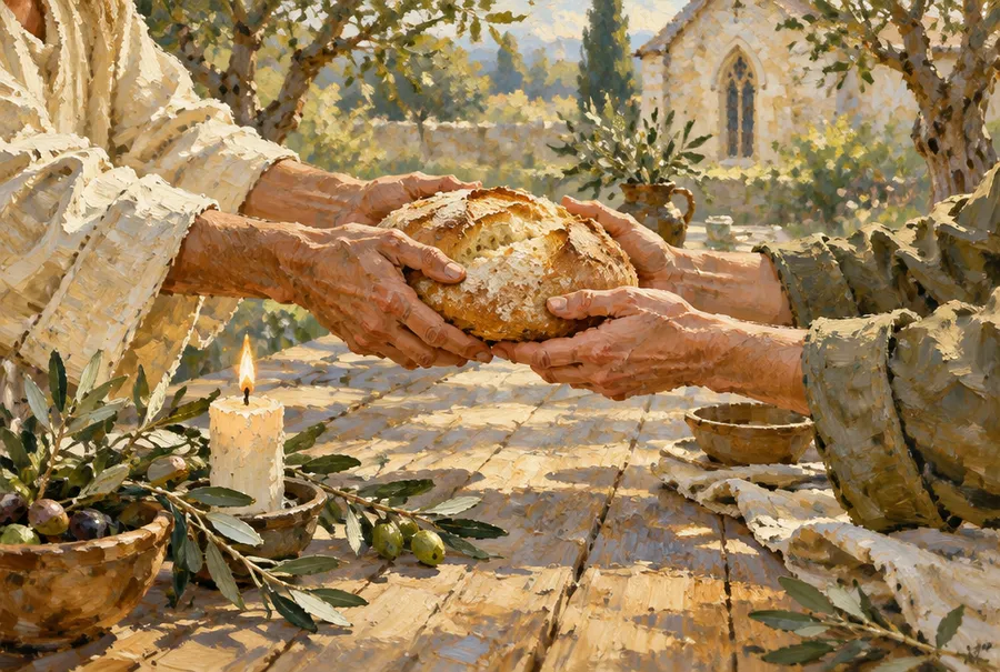 Oil painting of two pairs of hands sharing bread across a wooden table in a church garden
