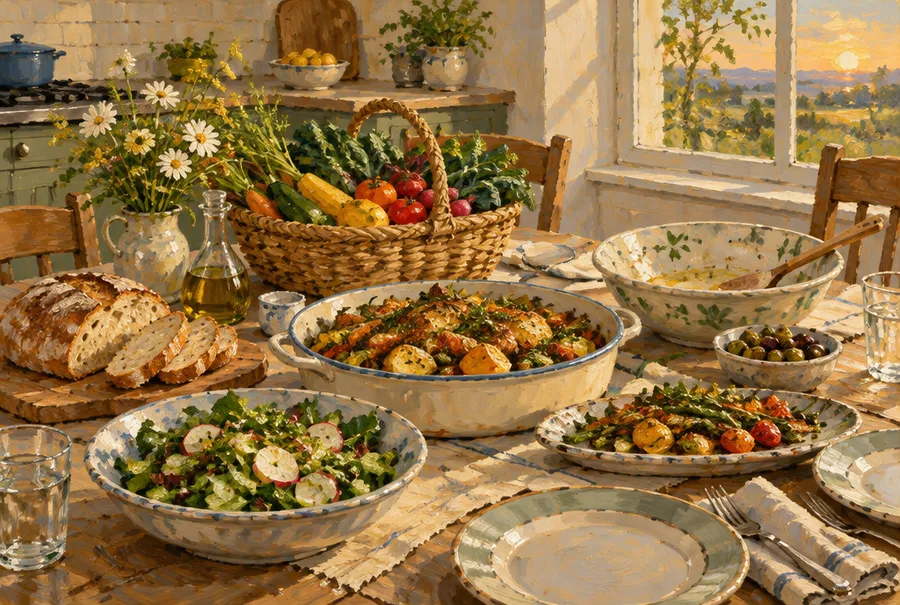 Oil painting of a family table laden with a home-cooked meal and a basket of fresh vegetables