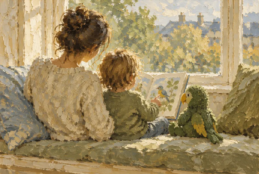 Oil painting, seen from behind, of a parent and small child reading a picture book on a window seat