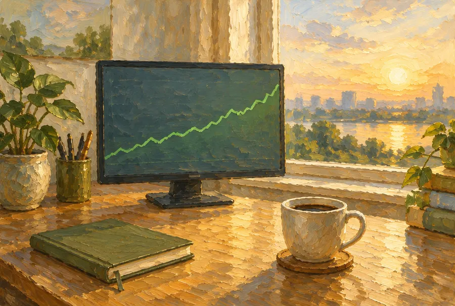 Oil painting of a calm desk at golden hour with a monitor showing a gently rising green line